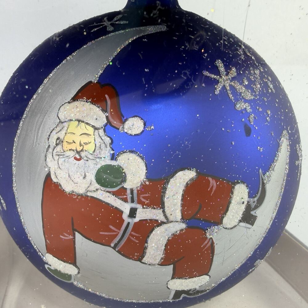 Pier 1 Imports Sleeping Santa on Cresent Moon Glass Christmas Ornament 4.75"